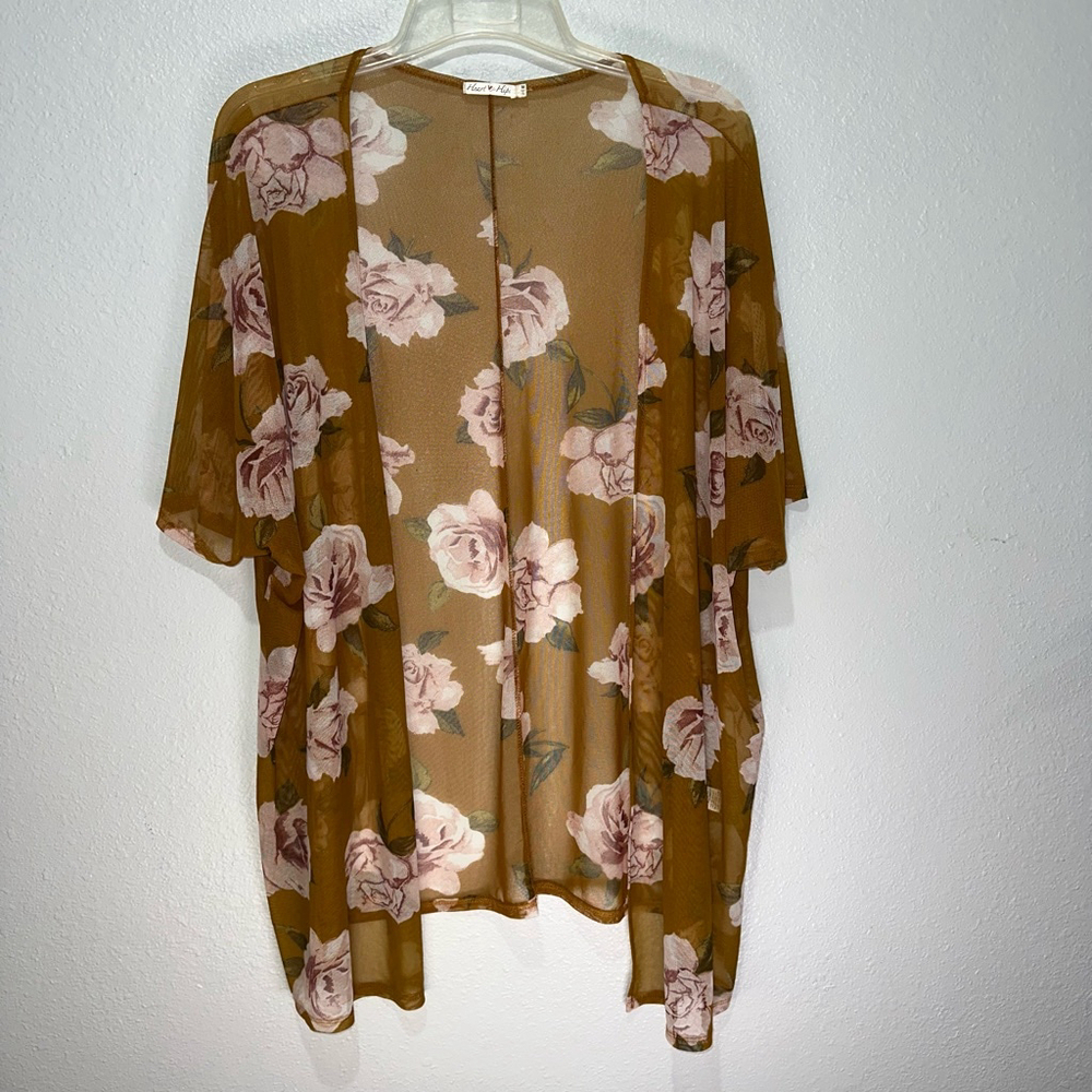 Heart Hips Women’s Kimono Medium Brown Floral Sheer Cardigan - Picture 8 of 8